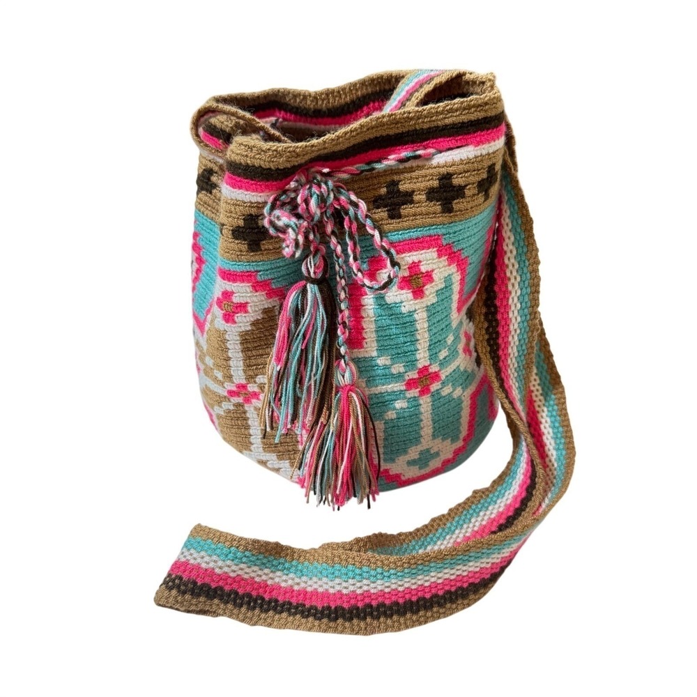 Handmade Wayuu Mochila Bag Crochet Boho Drawstring Crossbody Teal Pink Brown